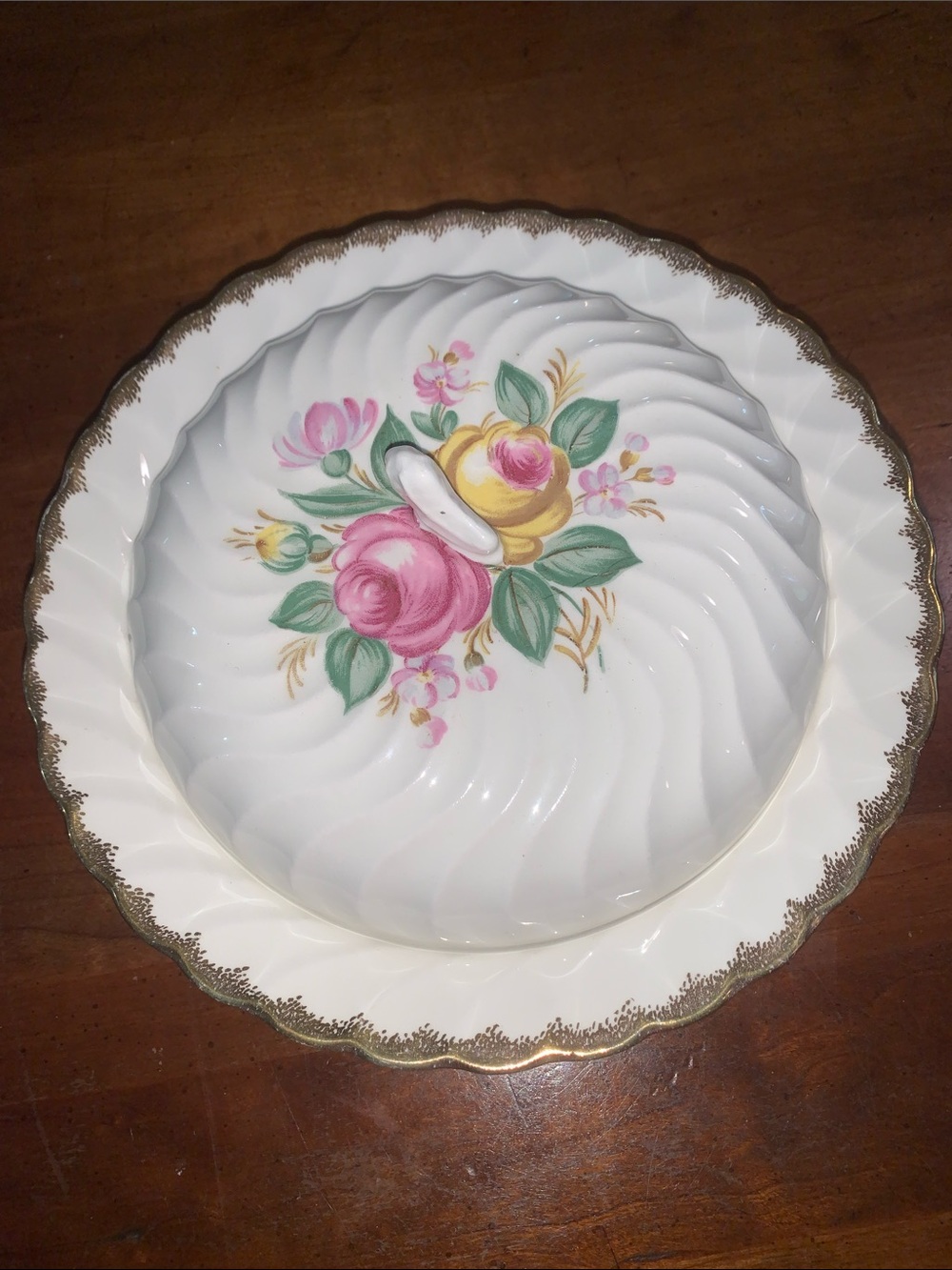 QUBAN ROYAL China Inc 22kt Floral Covered Serving Bowl with Pink & Yellow Roses
